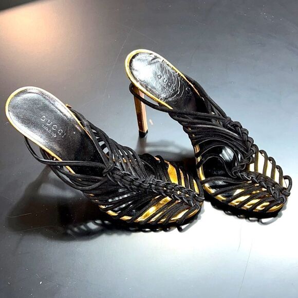 Gucci Gold & Black Rope Heels With Buckle Closure. Pre-Owned. Size 38.5 (8.5) - Picture 12 of 16